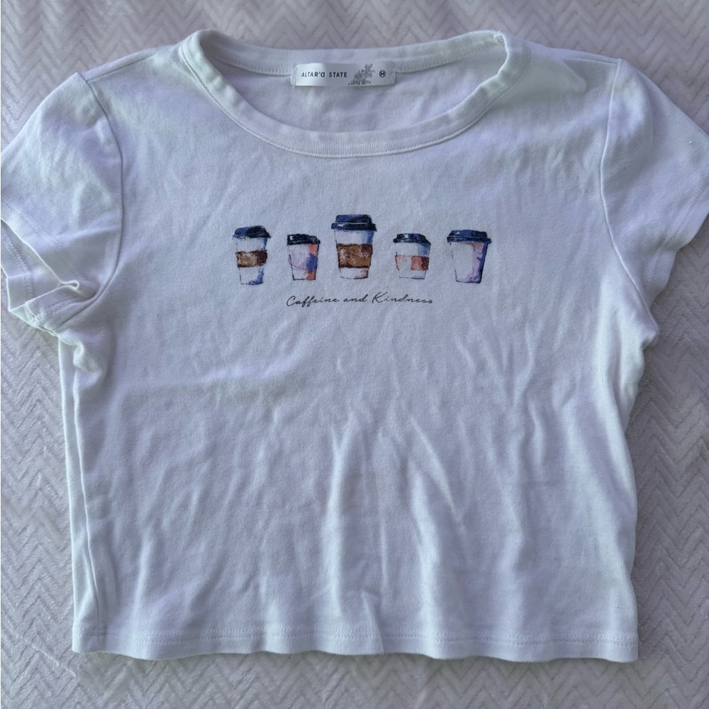 Altar'd State White Tee with Coffee Cup Design